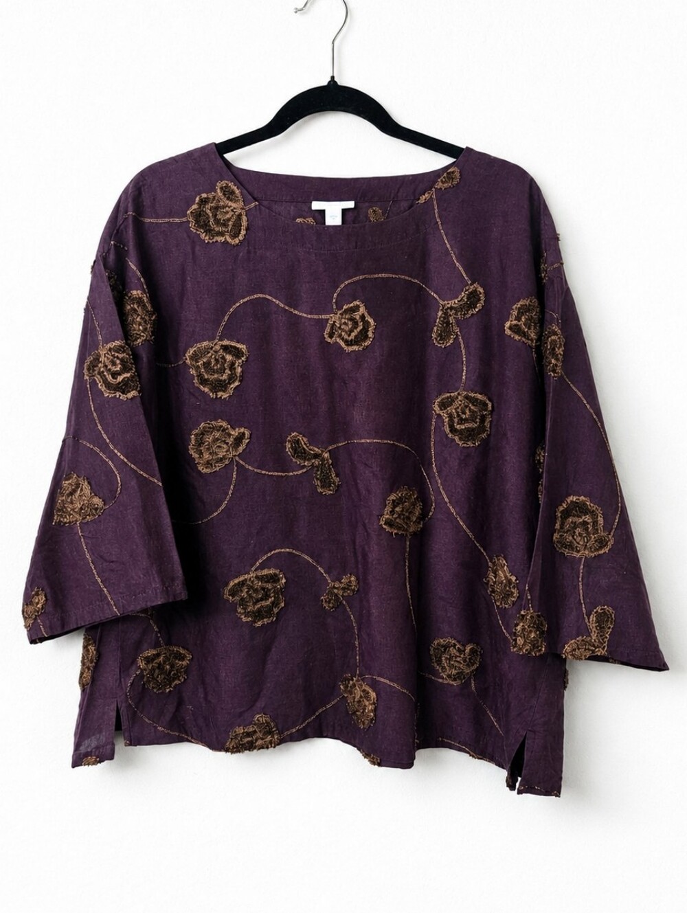 Pure J. Jill Cotton Floral Applique Textured Boho Lagenlook Boxy Top Small